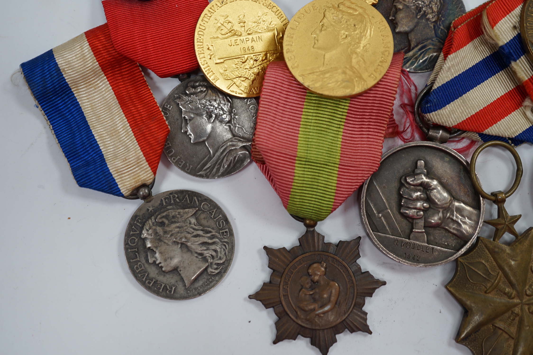 Eighteen French and Belgium medals, etc. including; Medal of Honour, War Cross, Medal of Honour for Physical Education, Victory Medal, etc.